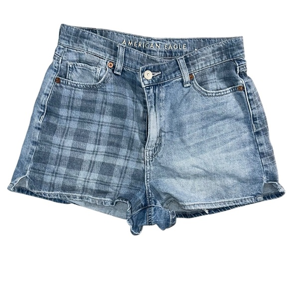 American Eagle Highest Rise Mom Short Blue Plaid Denim Women’s Size 4 Preppy - Picture 1 of 13
